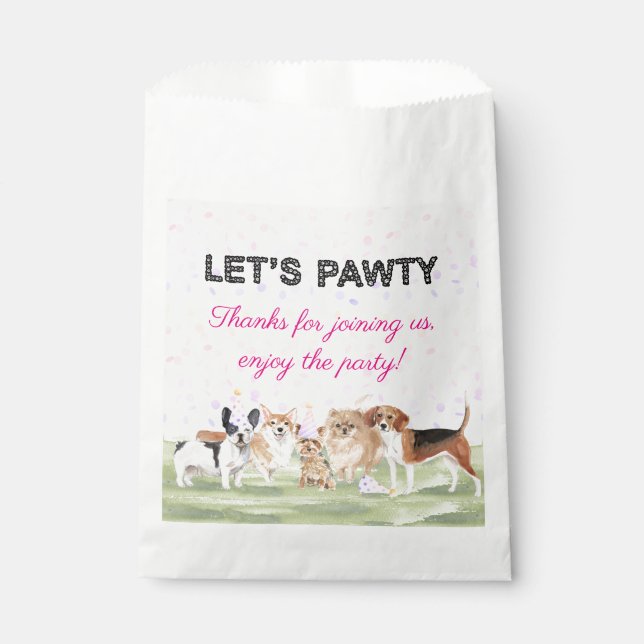 Cute Let's Pawty Pink Custom Dog Birthday Party Favour Bags (Front)