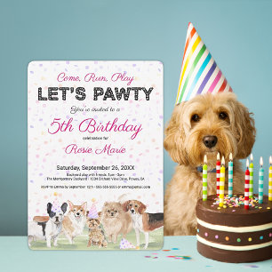 Cute Let's Pawty Pink Custom Dog Birthday Party Invitation