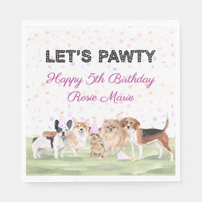Cute Let's Pawty Pink Custom Dog Birthday Party Napkin (Front)