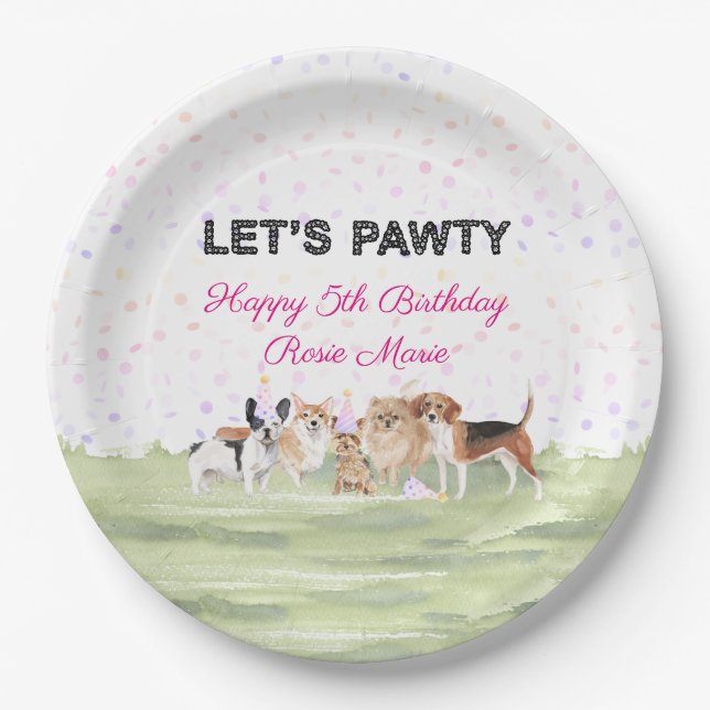 Cute Let's Pawty Pink Custom Dog Birthday Party Paper Plate (Front)