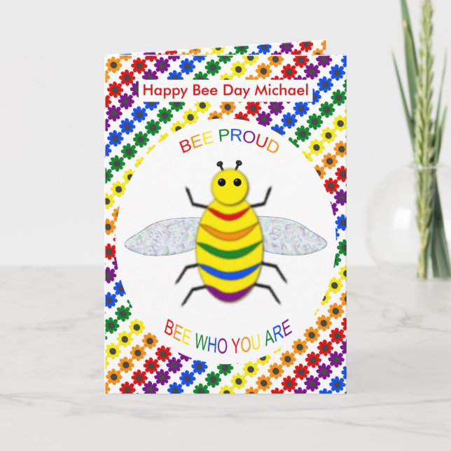 Cute LGBT Bee Proud Rainbow and Flowers Birthday Card (Front)