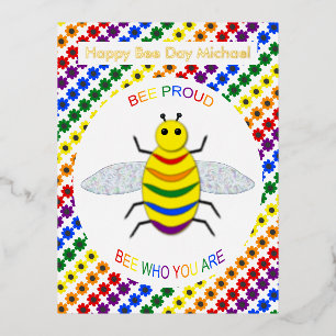 Cute LGBT Bee Proud Rainbow and Flowers Birthday Foil Holiday Postcard