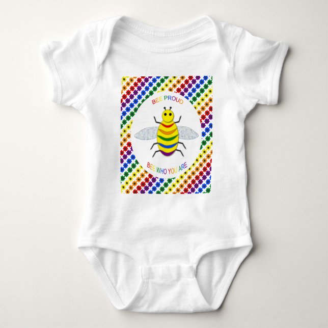 Cute LGBT Proud Rainbow Bee and Flowers Baby Bodysuit (Front)