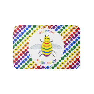 Cute LGBT Proud Rainbow Bee and Flowers Bath Mat