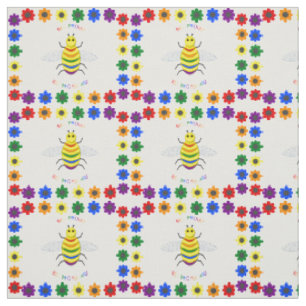 Cute LGBT Proud Rainbow Bee and Flowers Fabric