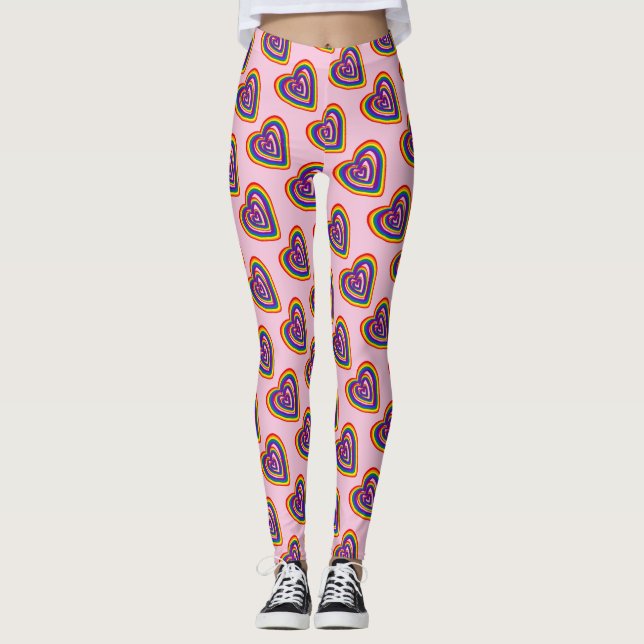 Cute LGBT Rainbow Flag Hearts Pattern Gay Pride Leggings (Front)