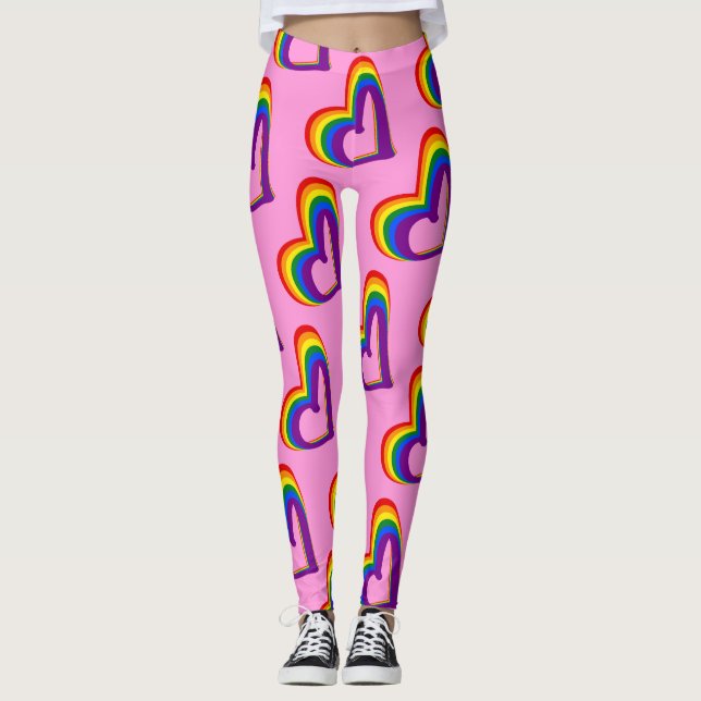 Cute LGBT Rainbow Flag Hearts Pattern Gay Pride Leggings (Front)