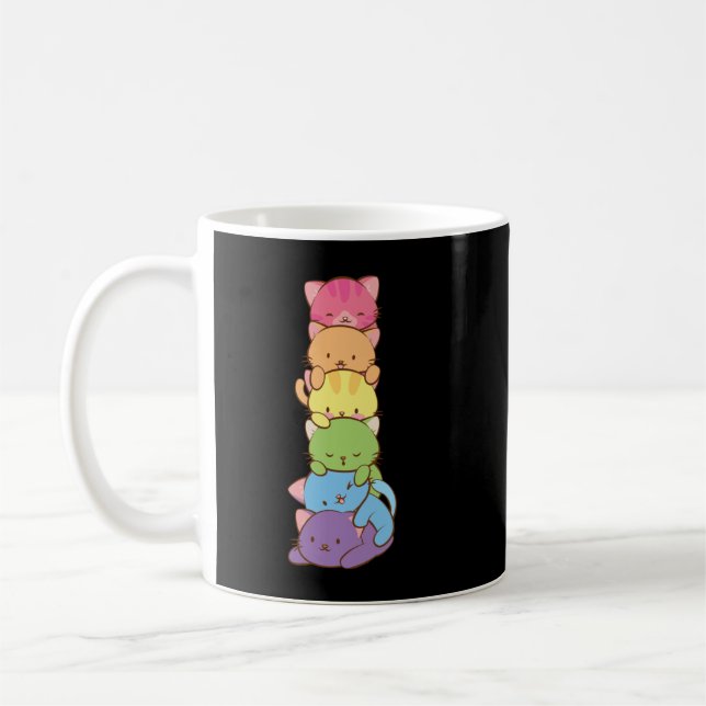 Cute LGBT Rainbow Gay Pride Flag Kawaii Cat Pile A Coffee Mug (Left)