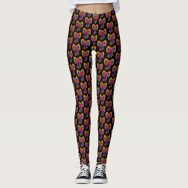 Cute LGBT Rainbow Ribbon Hearts Pattern Gay Pride Leggings (Front)