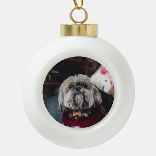 Cute lhasa apso puppy at Christmas b Ceramic Ball Christmas Ornament (Front)