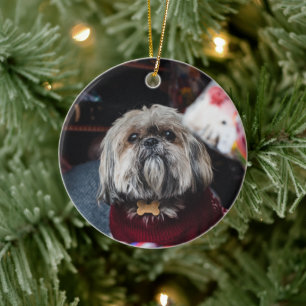 Cute lhasa apso puppy at Christmas b Ceramic Tree Decoration