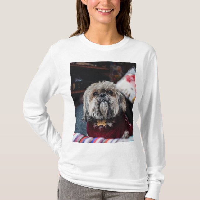 Cute lhasa apso puppy at Christmas b T-Shirt (Front)