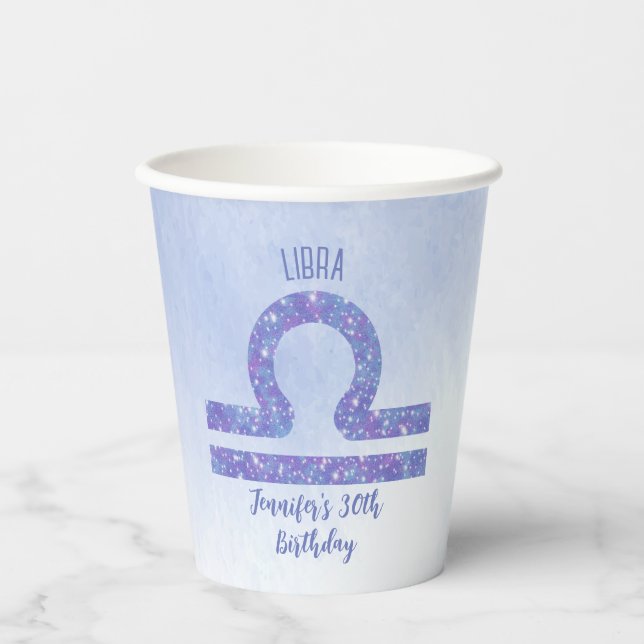 Cute Libra Sign Custom Purple Birthday Party Paper Cups (Front)