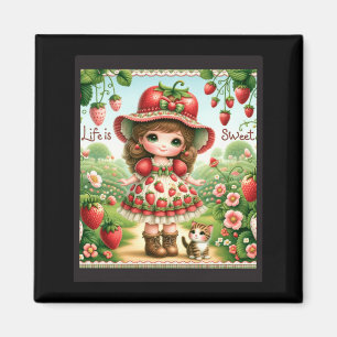 Cute Life Is Sweet Strawberry Cake Vintage Berry Magnet