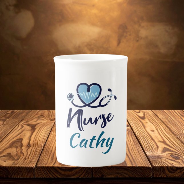 Cute Life Line  Nurse Blue Heart Personalise  Bone China Mug (Creator Uploaded)