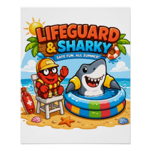 Cute Lifeguard & Sharky Summer Fun Cartoon Poster