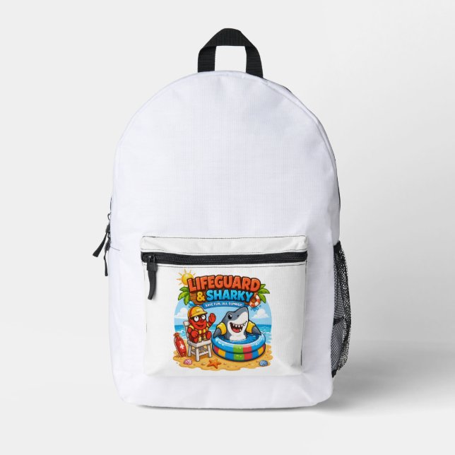  Cute Lifeguard & Sharky Summer Fun Cartoon Printed Backpack (Front)