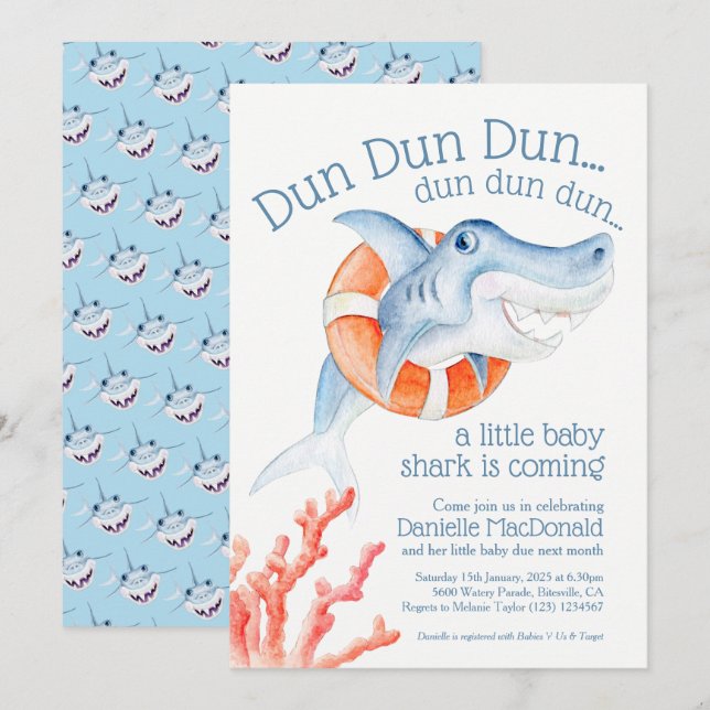 Cute lifesaver baby shark watercolor baby shower invitation (Front/Back)
