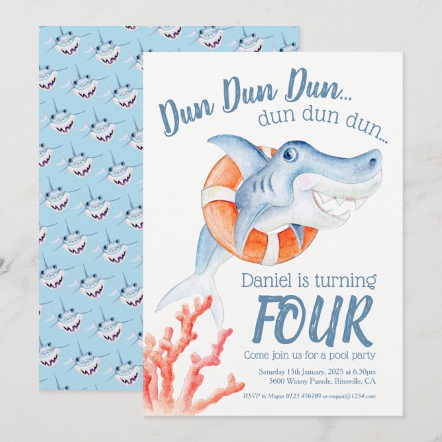 Cute lifesaver baby shark watercolor birthday invitation (Front/Back)