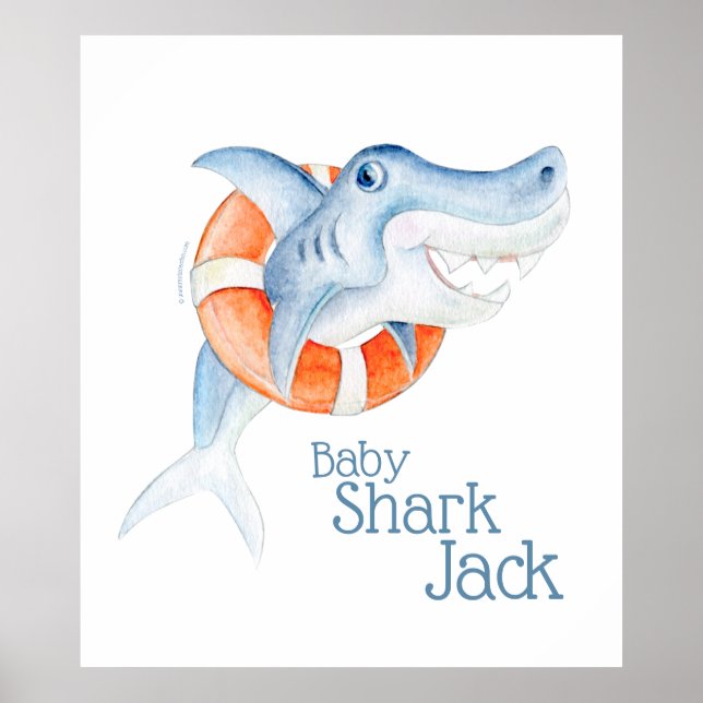 Cute lifesaver baby shark watercolor nursery poster (Front)