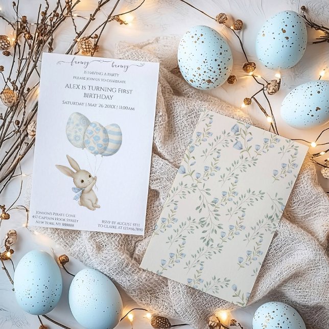 Cute Light Blue Baby Bunny Birthday Invitation (Creator Uploaded)