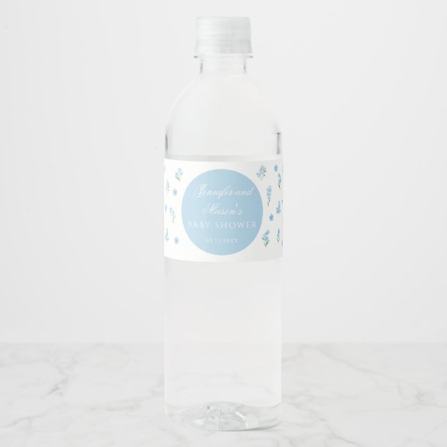 Cute light blue floral boho baby boy shower water bottle label (Front)