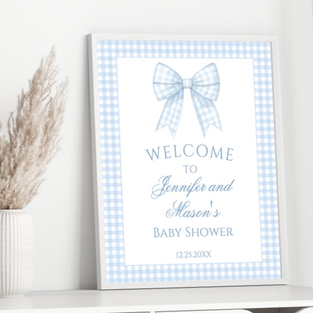 Cute light blue gingham bow ribbon baby boy shower poster (Creator Uploaded)