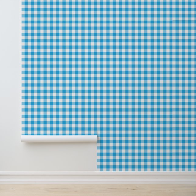 Cute Light Blue Gingham Pattern Peel and Stick Wallpaper (Application)
