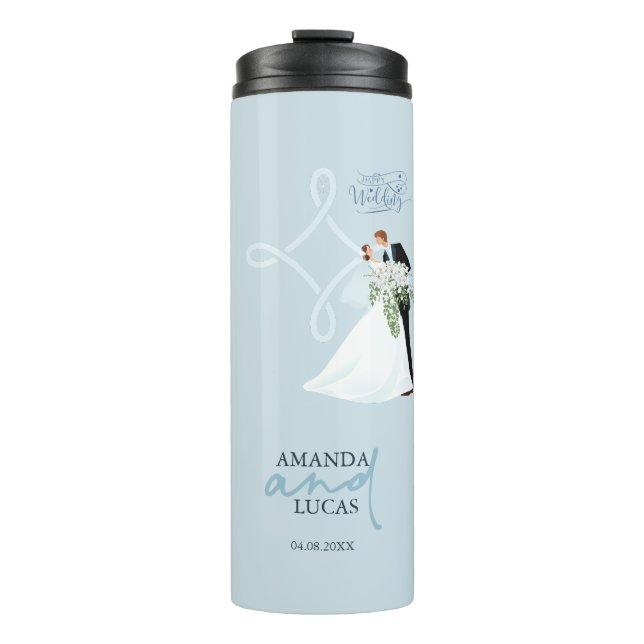 Cute Light Blue Illustration Happy Wedding Thermal Tumbler (Front)