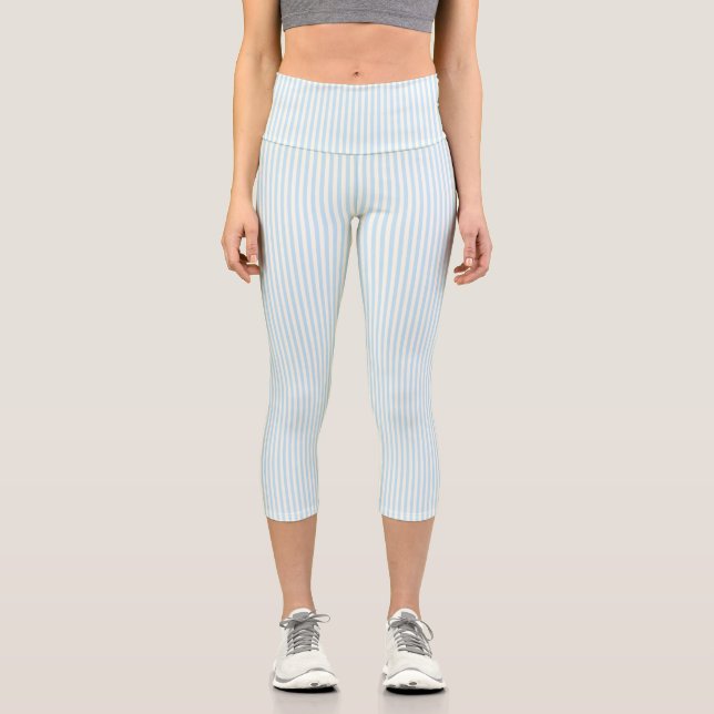 Cute light blue & ivory vertical stripes pattern capri leggings (Front)
