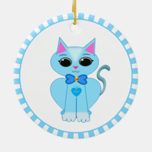 Cute light blue kitty cat & blue rays ceramic tree decoration
