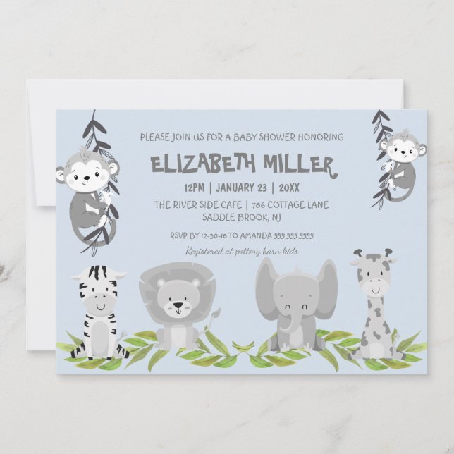 Cute Light Blue Safari Animals Boy Baby Shower Invitation (Front)