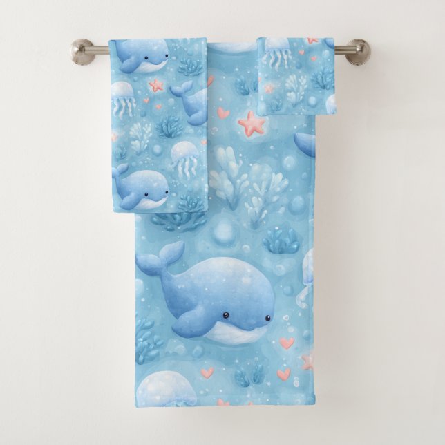 Cute light blue whale bath towel set (Insitu)
