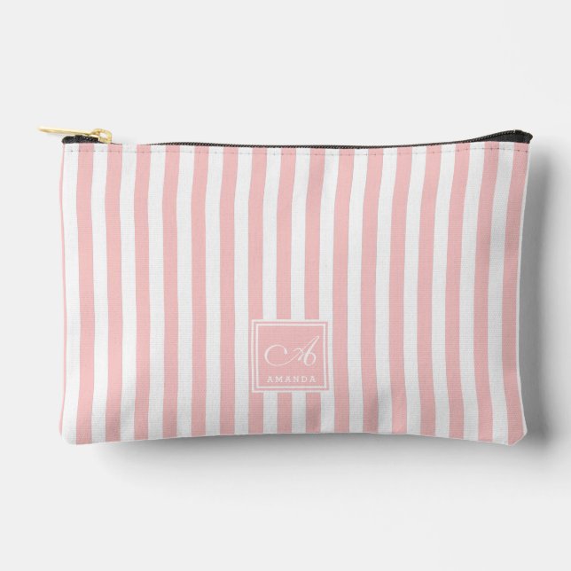 Cute Light Blush Pink Stripes Monogrammed Initials Accessory Pouch (Front)