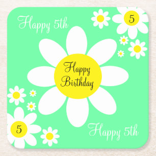Cute Light Green and White Floral 5th Birthday Square Paper Coaster