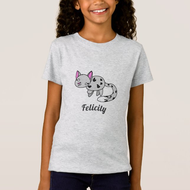 Cute Light Grey Snow Lepord Cartoon Drawing T-Shirt (Front)