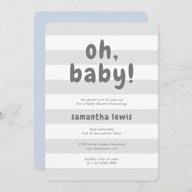 Cute Light Grey Stripes Oh Baby Boy Shower Invitation (Front/Back)