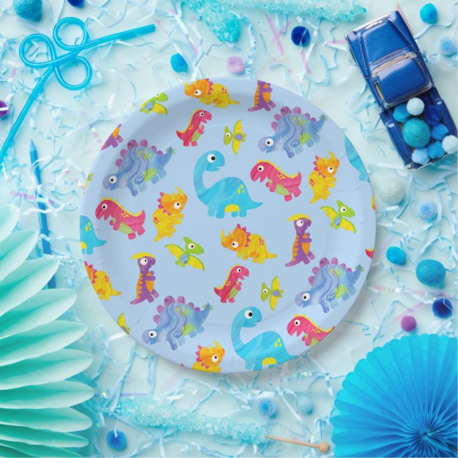 Cute Light Pastel Blue Baby Dinosaur Birthday Paper Plate (Party)