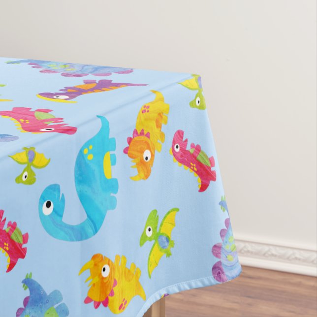Cute Light Pastel Blue Baby Dinosaur Birthday Tablecloth (In Situ)