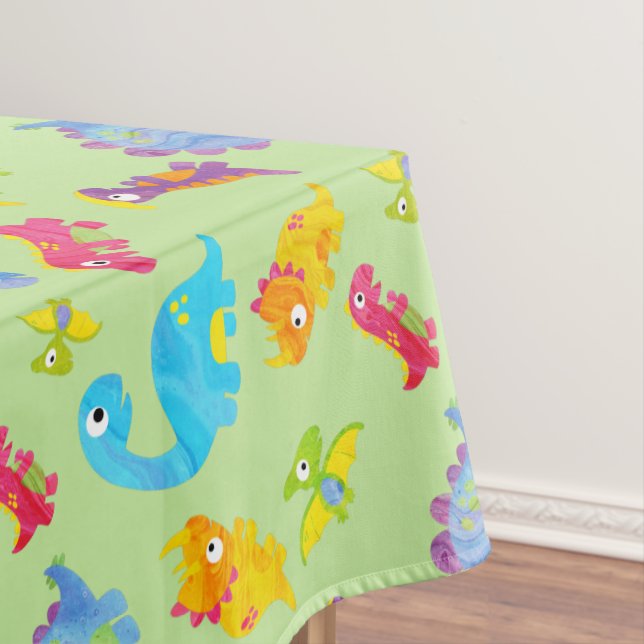 Cute Light Pastel Green Baby Dinosaur Birthday Tablecloth (In Situ)
