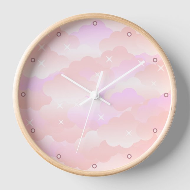 Cute Light Pink Aesthetic Clouds Stars Celestial Clock (Front)