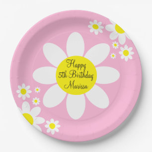 Cute Light Pink and White Floral 5th Birthday Paper Plate