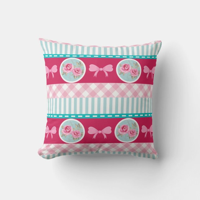 Cute Light Pink & Blue Girly Pattern Cushion (Front)