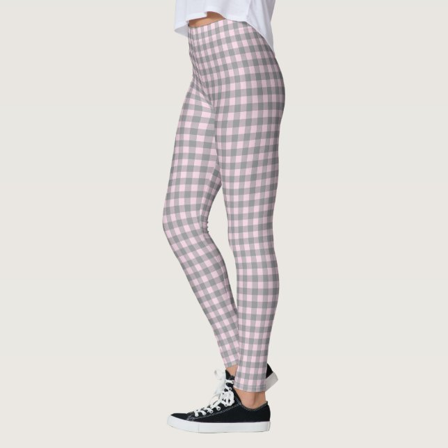 Cute Light Pink Grey Buffalo Plaid Pattern Leggings (Left)
