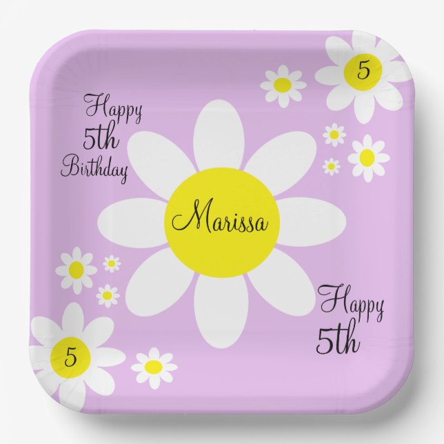 Cute Light Purple and White Floral 5th Birthday Paper Plate (Front)