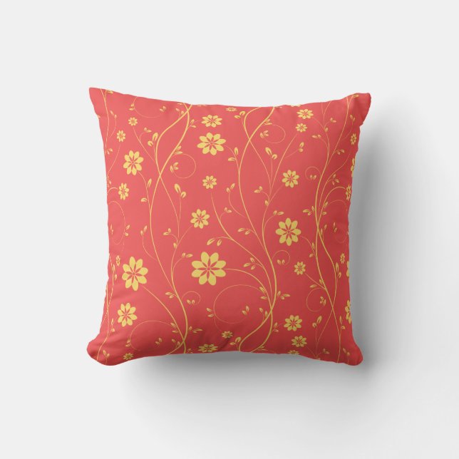 Cute Light Yellow & Coral Delicate Floral Pattern Cushion (Front)
