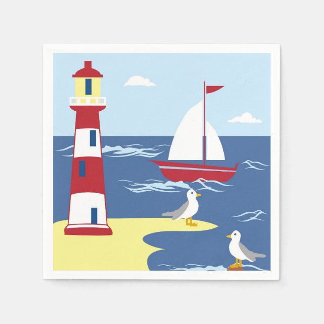 Cute Lighthouse and Boat Seaside Art Napkin (Front)