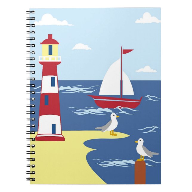 Cute Lighthouse and Boat Seaside Art Notebook (Front)