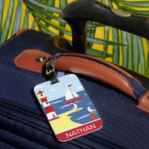 Cute Lighthouse and Boat Seaside Art Personalised Luggage Tag