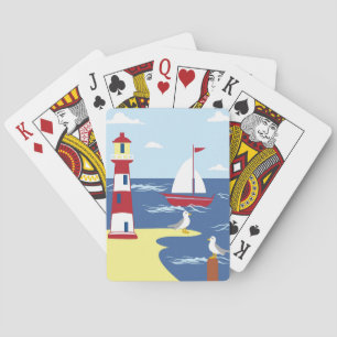 Cute Lighthouse and Boat Seaside Art Playing Cards